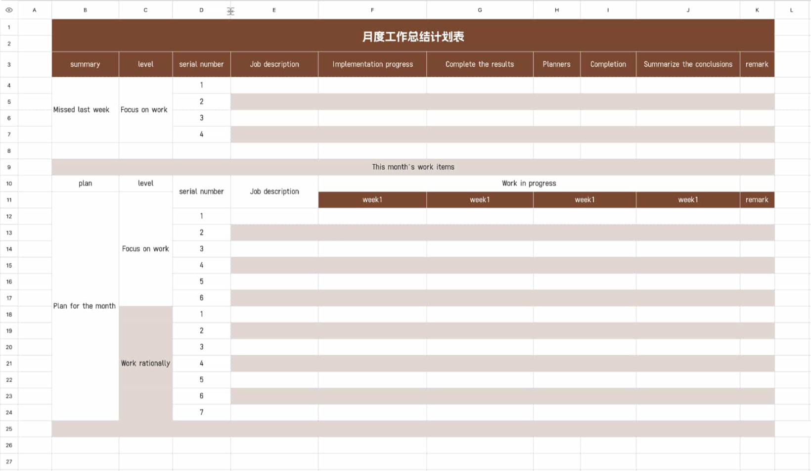 Monthly work summary schedule